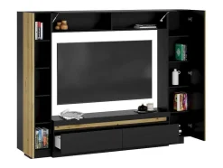 Vente-unique Tv-Meubel-Tv-Wand Met Opbergruimte - Ledverlichting - Zwart En Naturel - Lionea