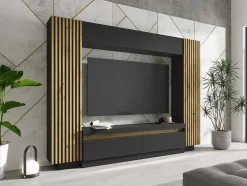 Vente-unique Tv-Meubel-Tv-Wand Met Opbergruimte - Ledverlichting - Zwart En Naturel - Lionea