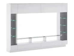 Vente-unique Tv-Meubel-Tv-Wand Met Opbergruimte En Ledverlichting Van Gerookt Gehard Glas - Wit Gelakt - Briano