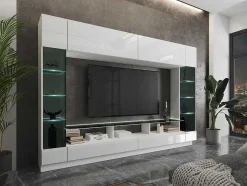 Vente-unique Tv-Meubel-Tv-Wand Met Opbergruimte En Ledverlichting Van Gerookt Gehard Glas - Wit Gelakt - Briano