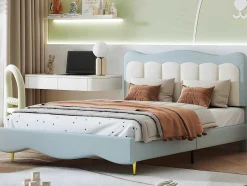 ModernLuxe Kinderbed-Tweepersoons Kinderbed 140X200Cm In Kunstleer - Met Lattenbodem - Amandelgroen (Matras Niet Inbegrepen)