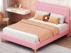 ModernLuxe Tweepersoonsbed-Tweepersoonsbed Gestoffeerd In Kunstleer 140X200Cm - In Hoogte Verstelbaar Hoofdbord - Met Lattenbodem - Roze (Zonder Matras)
