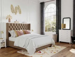 Vente-unique Tweepersoonsbed-Tweepersoonsbed Massimo Gestoffeerd Met Capitons - 160 X 200 Cm - Beige - Stof