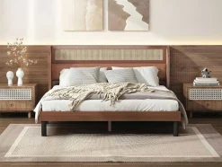 ModernLuxe Tweepersoonsbed-Tweepersoonsbed 160X200Cm - Met Kunstleer En Pvc Rotan Kussens - Met Houten Lattenbodem - Bruin