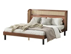 ModernLuxe Tweepersoonsbed-Tweepersoonsbed 160X200Cm - Met Kunstleer En Pvc Rotan Kussens - Met Houten Lattenbodem - Bruin