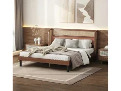 ModernLuxe Tweepersoonsbed-Tweepersoonsbed 160X200Cm - Met Kunstleer En Pvc Rotan Kussens - Met Houten Lattenbodem - Bruin
