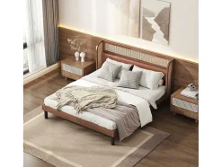 ModernLuxe Tweepersoonsbed-Tweepersoonsbed 160X200Cm - Met Kunstleer En Pvc Rotan Kussens - Met Houten Lattenbodem - Bruin