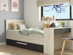 Vente-unique Bed Met Slaaplade-Uitschuifbaar Bed 90 X 200 En 90 X 190 Cm - Met Bureau - Kleur: Naturel En Antraciet + Matras + Bedbodem - Vouani