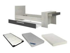 Vente-unique Bed Met Slaaplade-Uitschuifbaar Bed 90 X 200 En 90 X 190 Cm - Met Bureau - Kleur: Naturel En Antraciet + Matras + Bedbodem - Vouani