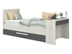 Vente-unique Bed Met Slaaplade-Uitschuifbaar Bed 90 X 200 En 90 X 190 Cm - Met Bureau - Kleur: Naturel En Antraciet + Matras + Bedbodem - Vouani