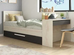 Vente-unique Bed Met Slaaplade-Uitschuifbaar Bed 2 X 90 X 200 Cm - Met Bureau - Kleur: Naturel En Antraciet + Bedbodem - Vouani
