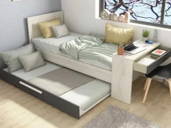 Vente-unique Bed Met Slaaplade-Uitschuifbaar Bed 2 X 90 X 200 Cm - Met Bureau - Kleur: Naturel En Antraciet + Bedbodem - Vouani