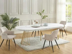 Vente-unique Eettafel-Uitschuifbare Eettafel 2 Tot 12 Plaatsen Van Mdf En Staal - Wit Marmereffect En Goud - Firela