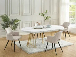 Vente-unique Eettafel-Uitschuifbare Eettafel 2 Tot 12 Plaatsen Van Mdf En Staal - Wit Marmereffect En Goud - Firela