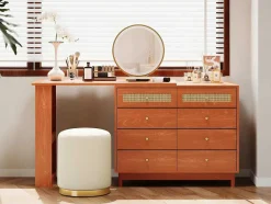 ModernLuxe Kaptafels-Uitschuifbare Kaptafel - 8 Laden En 1 Spiegel Met Led - Retrostijl - Bruin (Kruk Niet Inbegrepen)