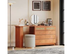 ModernLuxe Kaptafels-Uitschuifbare Kaptafel - 8 Laden En 1 Spiegel Met Led - Retrostijl - Bruin (Kruk Niet Inbegrepen)