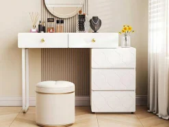 ModernLuxe Kaptafels-Uitschuifbare Kaptafel Met Golvenpatroon - Met 5 Laden - Gelakte Fronten - Wit (Zonder Spiegel Of Kruk)