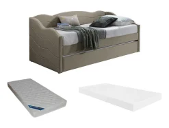 Vente-unique Bed Met Slaaplade-Uitschuifbare Slaapbank 2 X 90 X 190 Cm - Velours - Beige + Matras - Lenvia