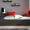 Vente-unique Bed Met Slaaplade-Uitschuifbed 90 X 200 En 90 X 190 Cm - Met Bureau - Ledverlichting - Antraciet En Rood + Matras + Bedbodem - Vouani