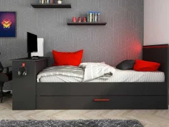 Vente-unique Bed Met Slaaplade-Uitschuifbed 90 X 200 En 90 X 190 Cm - Met Bureau - Ledverlichting - Antraciet En Rood + Matras + Bedbodem - Vouani