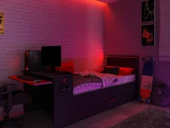 Vente-unique Bed Met Slaaplade-Uitschuifbed 90 X 200 En 90 X 190 Cm - Met Bureau - Ledverlichting - Antraciet En Rood + Matras + Bedbodem - Vouani