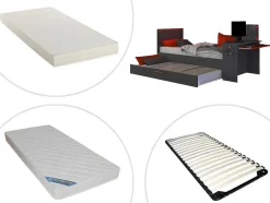 Vente-unique Bed Met Slaaplade-Uitschuifbed 90 X 200 En 90 X 190 Cm - Met Bureau - Ledverlichting - Antraciet En Rood + Matras + Bedbodem - Vouani