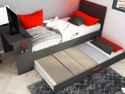 Vente-unique Bed Met Slaaplade-Uitschuifbed 90 X 200 En 90 X 190 Cm - Met Bureau - Ledverlichting - Antraciet En Rood + Matras + Bedbodem - Vouani