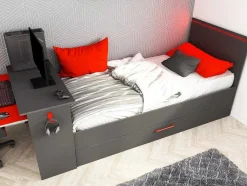 Vente-unique Bed Met Slaaplade-Uitschuifbed 90 X 200 En 90 X 190 Cm - Met Bureau - Ledverlichting - Antraciet En Rood + Matras + Bedbodem - Vouani