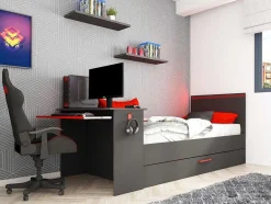 Vente-unique Bed Met Slaaplade-Uitschuifbed 2 X 90 X 200 Cm - Met Bureau - Ledverlichting - Antraciet En Rood - Vouani