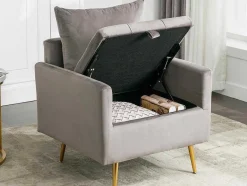 ModernLuxe Fauteuil Stof Fluweel / Suedine-Vipi Fauteuil In Fluwelen Stof Met Opbergruimte En Kussen - Poten Van Goudkleurig Metaal - Grijs