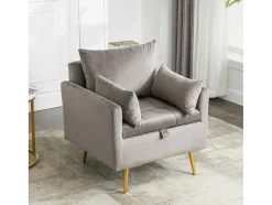 ModernLuxe Fauteuil Stof Fluweel / Suedine-Vipi Fauteuil In Fluwelen Stof Met Opbergruimte En Kussen - Poten Van Goudkleurig Metaal - Grijs