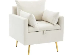 ModernLuxe Fauteuil Stof Fluweel / Suedine-Vipi Fauteuil In Fluwelen Stof Met Opbergruimte En Kussen - Poten Van Goudkleurig Metaal - Wit