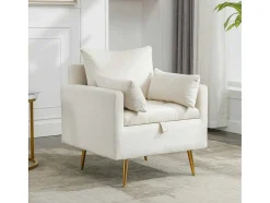 ModernLuxe Fauteuil Stof Fluweel / Suedine-Vipi Fauteuil In Fluwelen Stof Met Opbergruimte En Kussen - Poten Van Goudkleurig Metaal - Wit