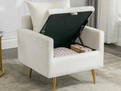 ModernLuxe Fauteuil Stof Fluweel / Suedine-Vipi Fauteuil In Fluwelen Stof Met Opbergruimte En Kussen - Poten Van Goudkleurig Metaal - Wit