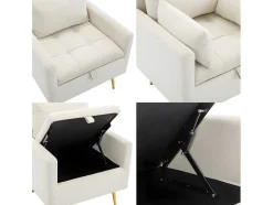 ModernLuxe Fauteuil Stof Fluweel / Suedine-Vipi Fauteuil In Fluwelen Stof Met Opbergruimte En Kussen - Poten Van Goudkleurig Metaal - Wit