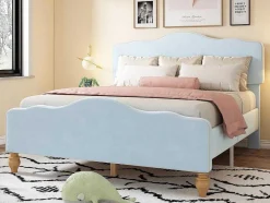 ModernLuxe Tweepersoonsbed-Volwassen Bed Bekleed Met Fluweel 140X200Cm - Met Verstelbaar Hoofdeinde - Blauw