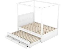 ModernLuxe Bed Met Slaaplade-Volwassen Bed 140X200Cm - Hemelbed Met Onderschuifbed En 3 Lades - Wit