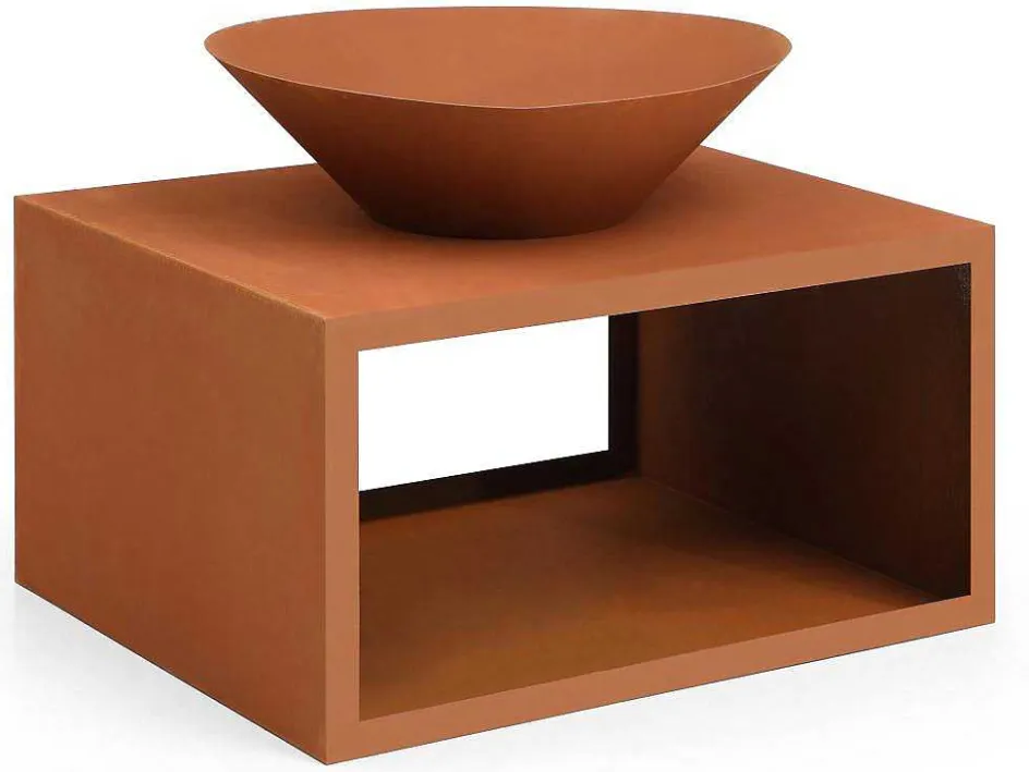 Vente-unique Buitenkeuken-Vuurkorf Van Staal Corten Met Bergruimte Voor Hout - L90 X H67,5 X D75 Cm - Bezio