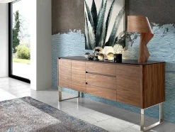 Angel Cerda Buffetkast-Walnoot Dressoir Met Zwart Glazen Blad 3060