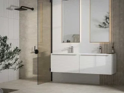 Vente-unique Dubbele Wastafel-Wit Hangmeubel Voor Badkamer Met Groeven Met Dubbele Inbouwwastafel - 120 Cm - Latoma