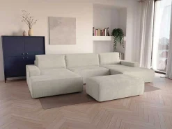 Vente-unique Xxl Hoekbank-Xxl Hoekslaapbank Van Beige Ribfluweel Amelia