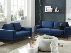 Vente-unique Scandinavisch-Zitbank 3 Plaatsen In Donkerblauwe Stof Met Houten Poten Mossea