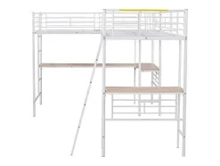 Vente-unique Kinderbed Hoogslaper-2-Zits Tussenbed - 2 X 90 X 200 Cm - Met Hoekbureau En Ladders - Metaal - Wit