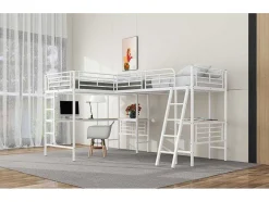 Vente-unique Kinderbed Hoogslaper-2-Zits Tussenbed - 2 X 90 X 200 Cm - Met Hoekbureau En Ladders - Metaal - Wit