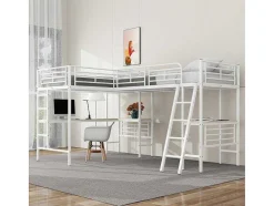 Vente-unique Kinderbed Hoogslaper-2-Zits Tussenbed - 2 X 90 X 200 Cm - Met Hoekbureau En Ladders - Metaal - Wit