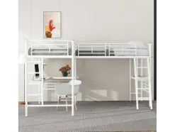 Vente-unique Kinderbed Hoogslaper-2-Zits Tussenbed - 2 X 90 X 200 Cm - Met Hoekbureau En Ladders - Metaal - Wit
