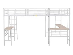 Vente-unique Kinderbed Hoogslaper-2-Zits Tussenbed - 2 X 90 X 200 Cm - Met Hoekbureau En Ladders - Metaal - Wit