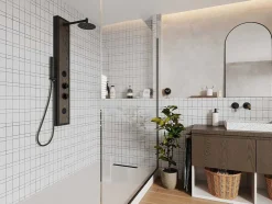 Shower & Design Douchekolom-Zwarte Douchekolom Met Massagestralen Met Houten Decoratie - H127 X L48,5 Cm - Ubala