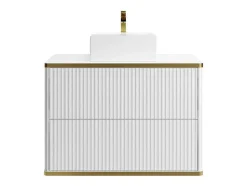 Vente-unique Badkamermeubel Met Enkele Wastafel-Zwevend, Geribbeld Badkamermeubel Met Goudkleurige Randen En Opzetwastafel - Wit - 80 Cm - Keliza