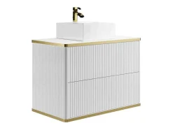 Vente-unique Badkamermeubel Met Enkele Wastafel-Zwevend, Geribbeld Badkamermeubel Met Goudkleurige Randen En Opzetwastafel - Wit - 80 Cm - Keliza